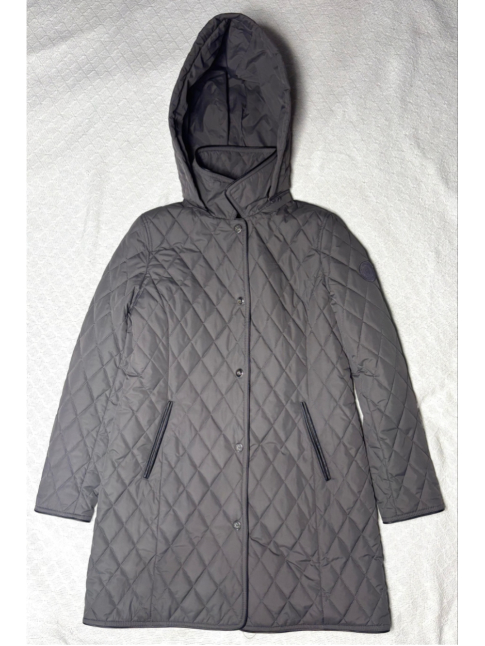 LRL Ralph Lauren Grey Quilted Hooded Coat Jacket Medium EUC Preppy Quiet Luxury - Picture 2 of 14
